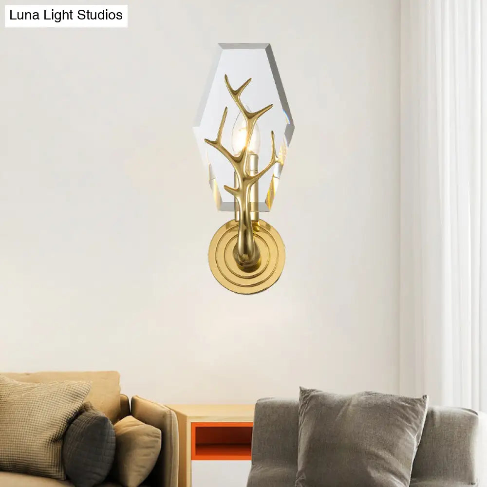 DecorBites™ Modern Crystal Panel Sconce Light Fixture - Clear 1-Light Wall Mounted Lamp with Antler Deco