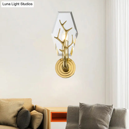 DecorBites™ Modern Crystal Panel Sconce Light Fixture - Clear 1-Light Wall Mounted Lamp with Antler Deco
