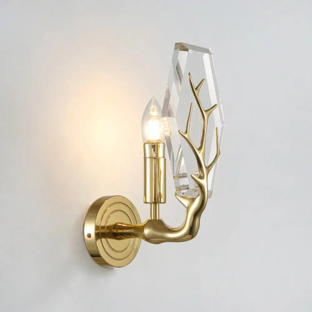 DecorBites™ Modern Crystal Panel Sconce Light Fixture - Clear 1-Light Wall Mounted Lamp with Antler Deco