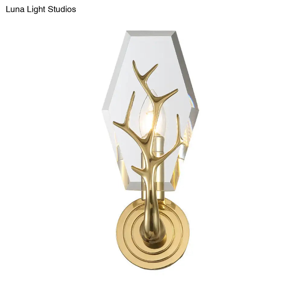DecorBites™ Modern Crystal Panel Sconce Light Fixture - Clear 1-Light Wall Mounted Lamp with Antler Deco