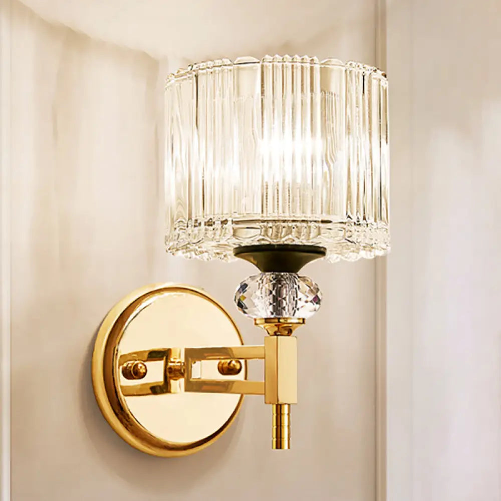 DecorBites™ Modern Crystal Shade Wall Light: 1-Light Gold Cylinder Sconce Fixture