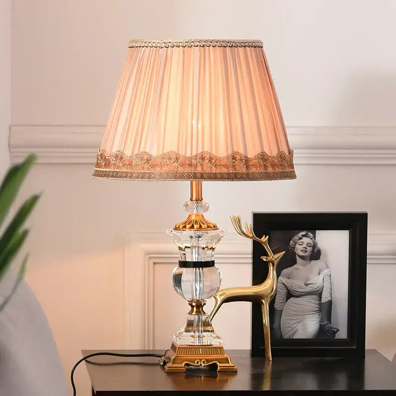 Modern crystal table lamp – bedroom gold and cream lace light