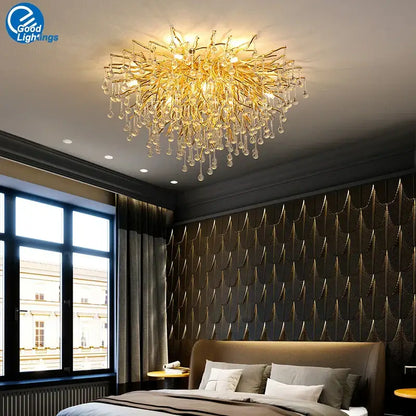 Modern crystal teardrop gold chandelier for elegant living room