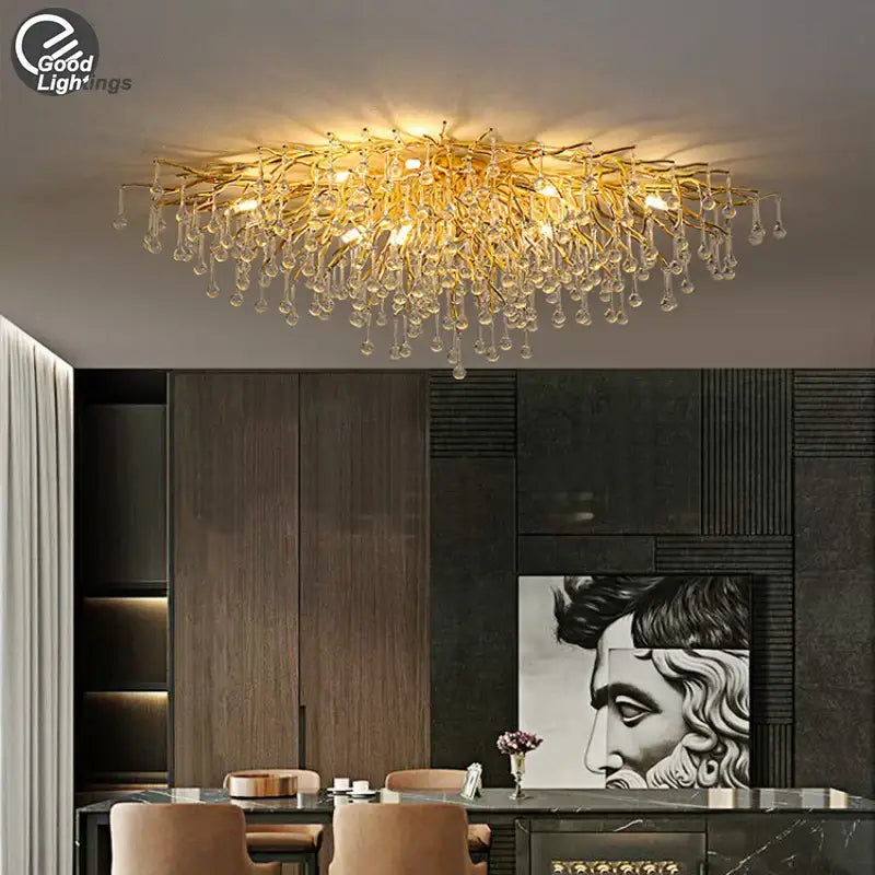 Modern crystal teardrop gold chandelier for elegant living room
