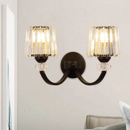 DecorBites™ Modern Crystal Wall Lamp: Clear Barrel with Curved Arm in Black/Gold - 1/2-Light Wall Mounted Lighting