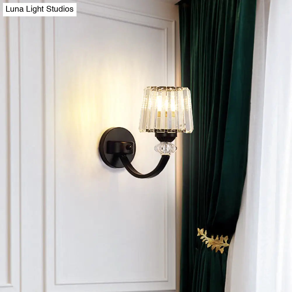 DecorBites™ Modern Crystal Wall Lamp: Clear Barrel with Curved Arm in Black/Gold - 1/2-Light Wall Mounted Lighting