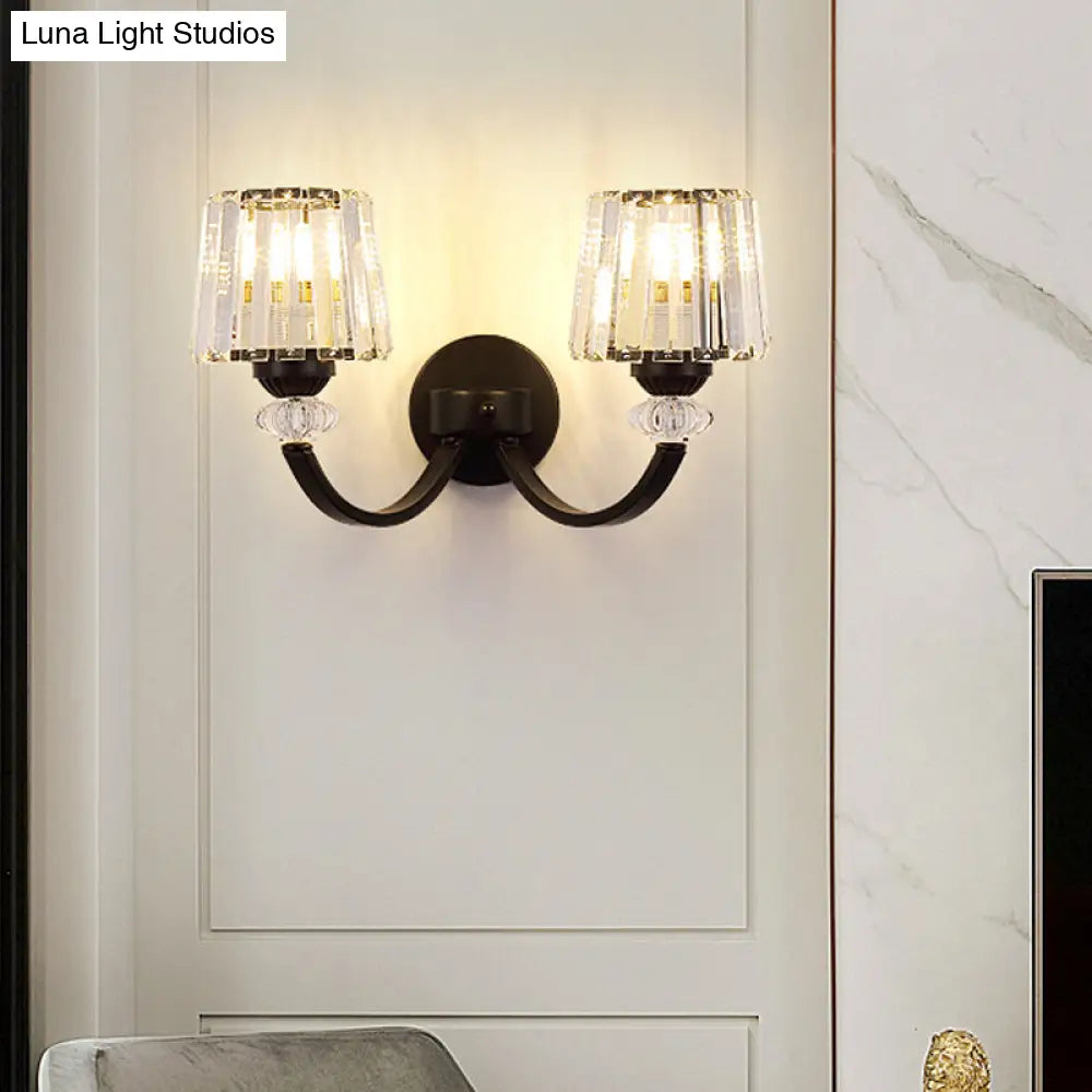 DecorBites™ Modern Crystal Wall Lamp: Clear Barrel with Curved Arm in Black/Gold - 1/2-Light Wall Mounted Lighting