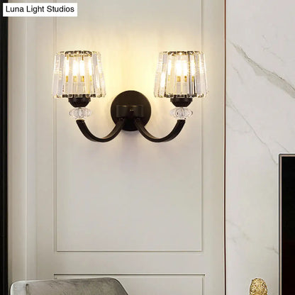 DecorBites™ Modern Crystal Wall Lamp: Clear Barrel with Curved Arm in Black/Gold - 1/2-Light Wall Mounted Lighting