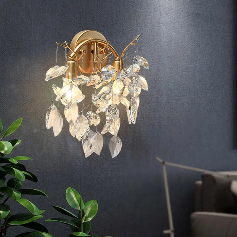 DecorBites™ Modern Crystal Wall Mount Sconce Light Fixture with Leaf Faceted Design - 4 Lights - Brass Finish