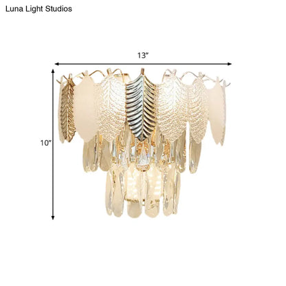 DecorBites™ Modern Crystal Wall Sconce with Tapered Design, Golden Accents, and Acrylic Leaves