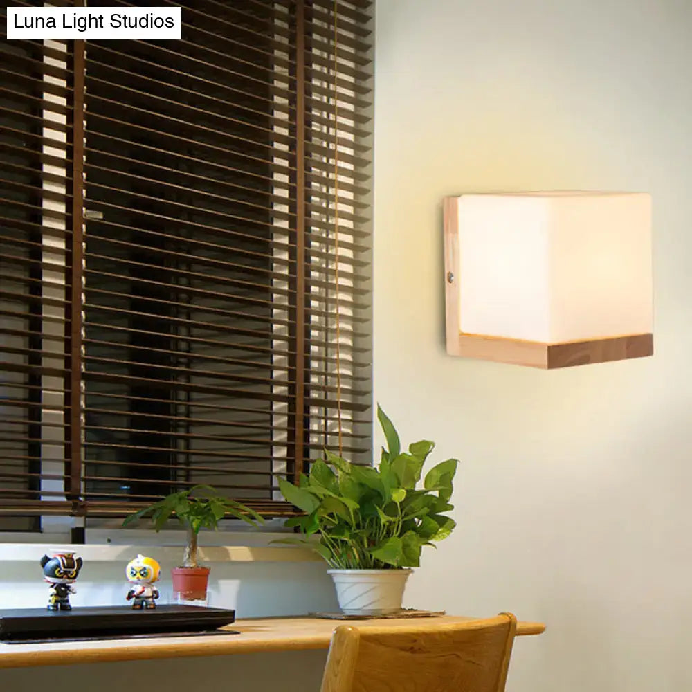 Modern cube shaped sconce wall lamp with wooden backplate bedroom light