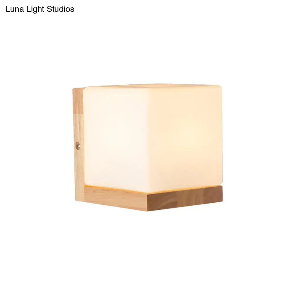 Modern cube shaped sconce wall lamp with wooden backplate bedroom light