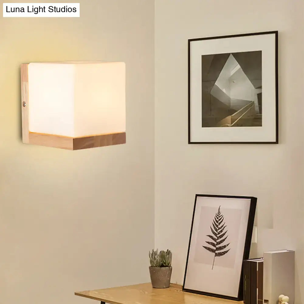 Modern cube shaped sconce wall lamp with wooden backplate bedroom light