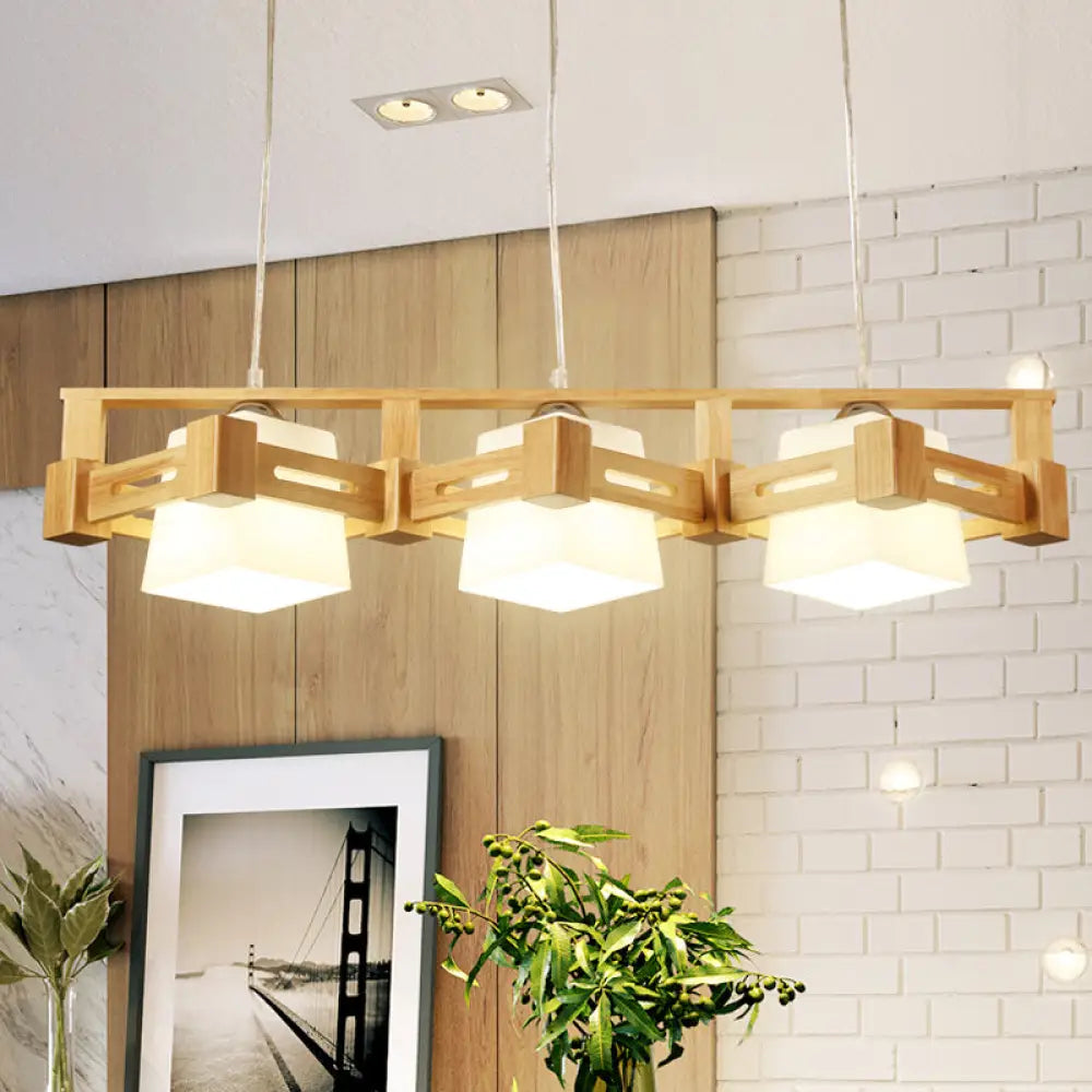 DecorBites™ Modern Cubic Frosted Glass Island Pendant Lamp with Wood Cage and 3 Beige Bulbs