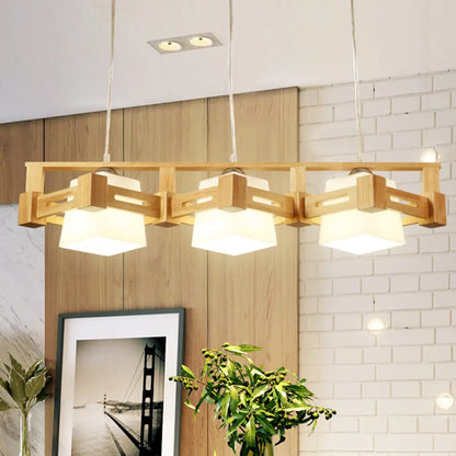 DecorBites™ Modern Cubic Frosted Glass Island Pendant Lamp with Wood Cage and 3 Beige Bulbs