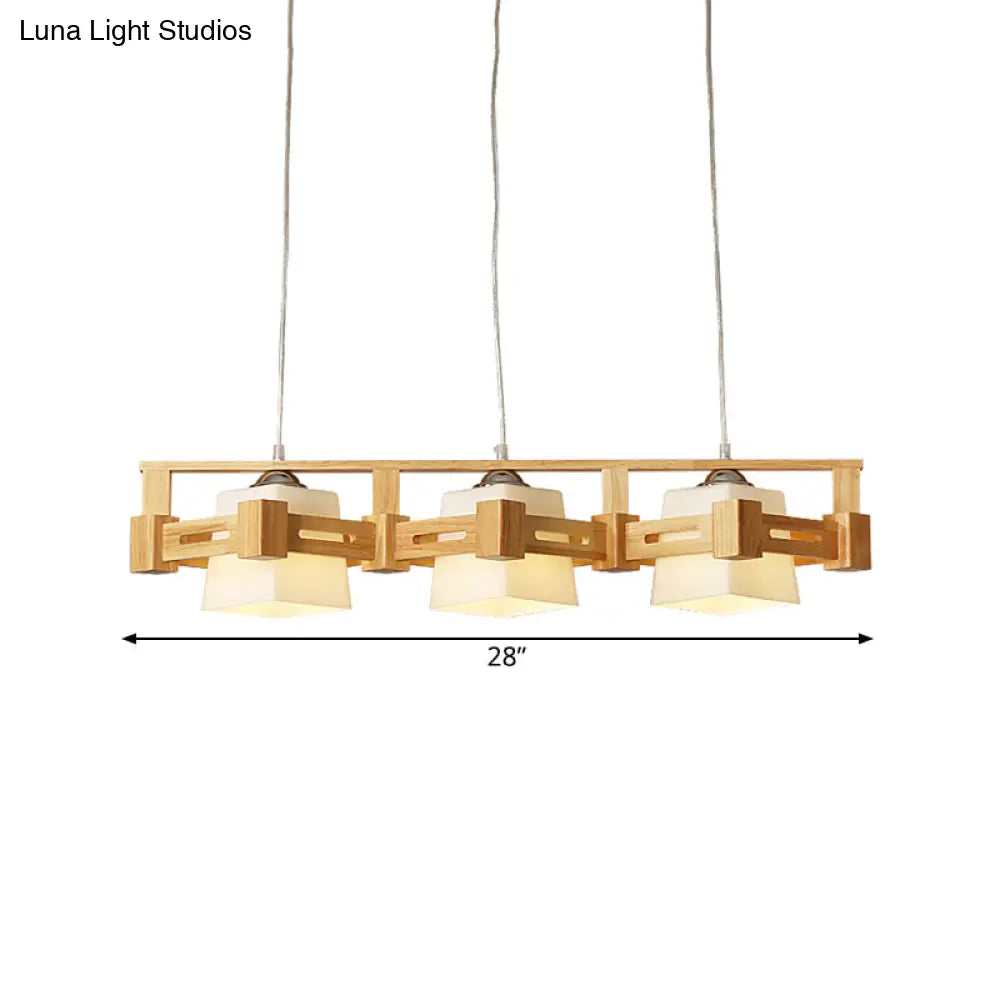 DecorBites™ Modern Cubic Frosted Glass Island Pendant Lamp with Wood Cage and 3 Beige Bulbs