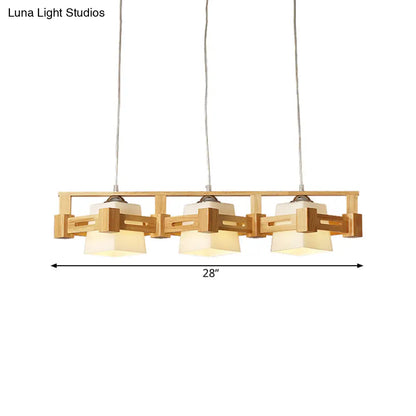 DecorBites™ Modern Cubic Frosted Glass Island Pendant Lamp with Wood Cage and 3 Beige Bulbs