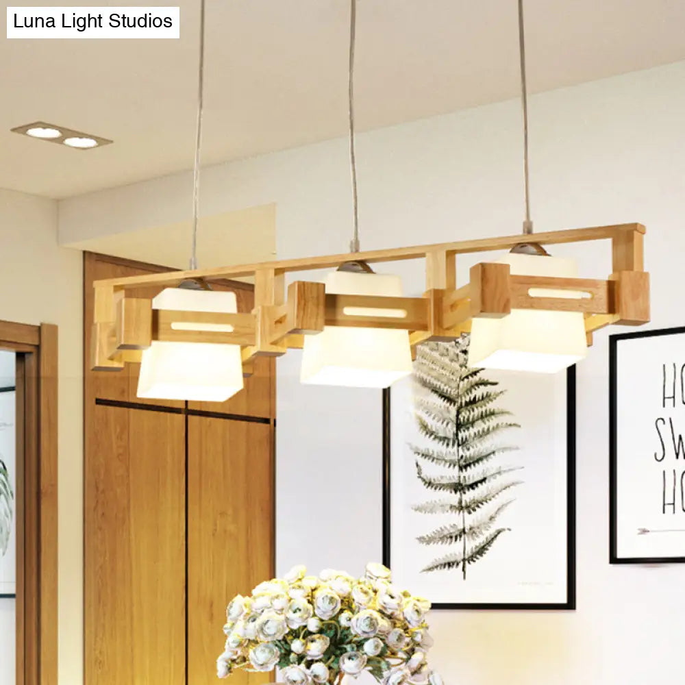 DecorBites™ Modern Cubic Frosted Glass Island Pendant Lamp with Wood Cage and 3 Beige Bulbs
