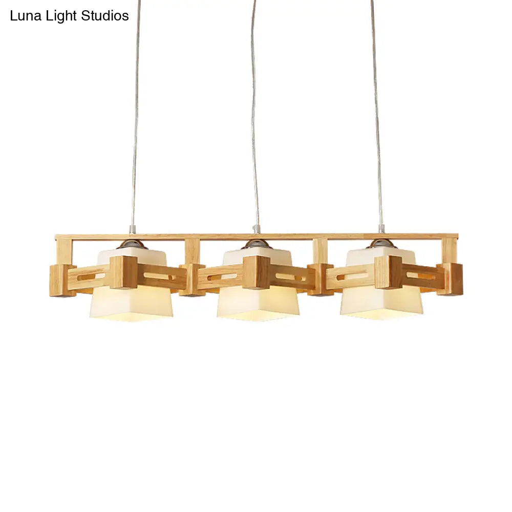 DecorBites™ Modern Cubic Frosted Glass Island Pendant Lamp with Wood Cage and 3 Beige Bulbs