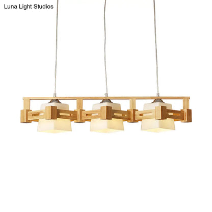 DecorBites™ Modern Cubic Frosted Glass Island Pendant Lamp with Wood Cage and 3 Beige Bulbs
