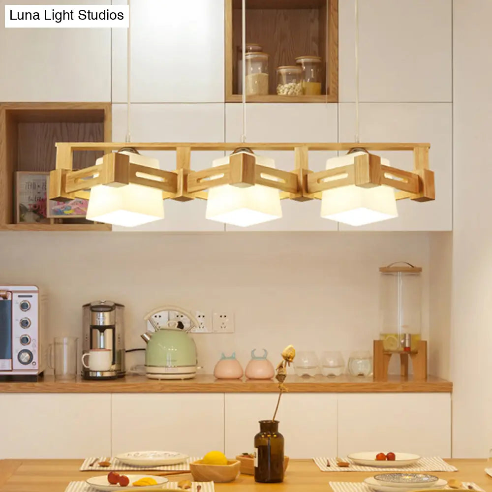 DecorBites™ Modern Cubic Frosted Glass Island Pendant Lamp with Wood Cage and 3 Beige Bulbs