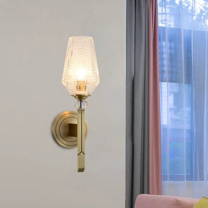 DecorBites™ Modern Cup Shaped Sconce with Clear Ribbed Glass - Elegant 1-Head Bedside Wall Light Fixture