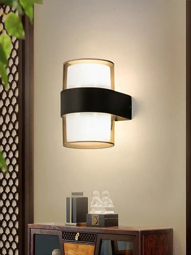 Modern cylindrical black led wall light garden frosted glass sconce