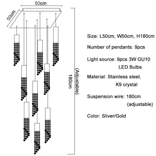Modern cylindrical crystal staircase chandelier living room light