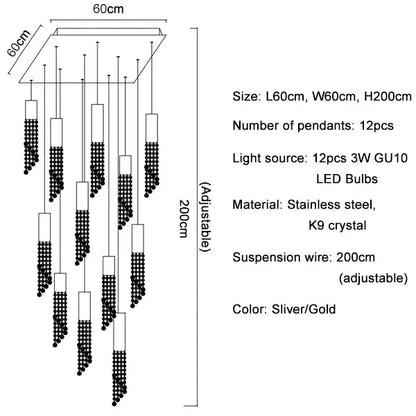 Modern cylindrical crystal staircase chandelier living room light
