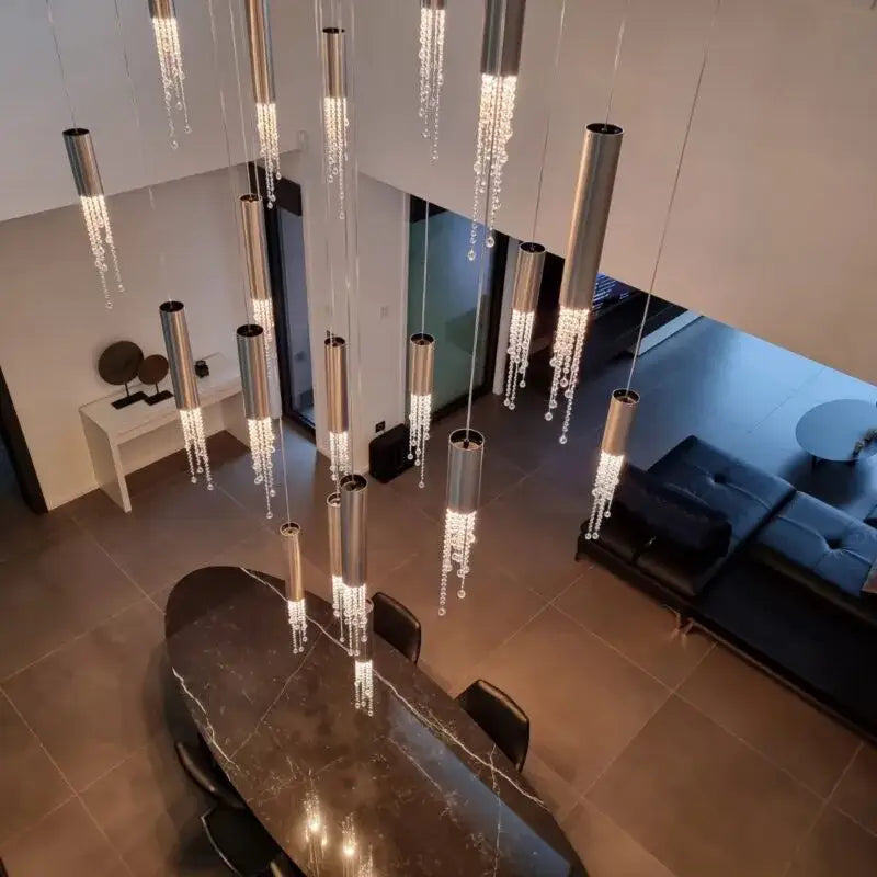 Modern cylindrical crystal staircase chandelier living room light
