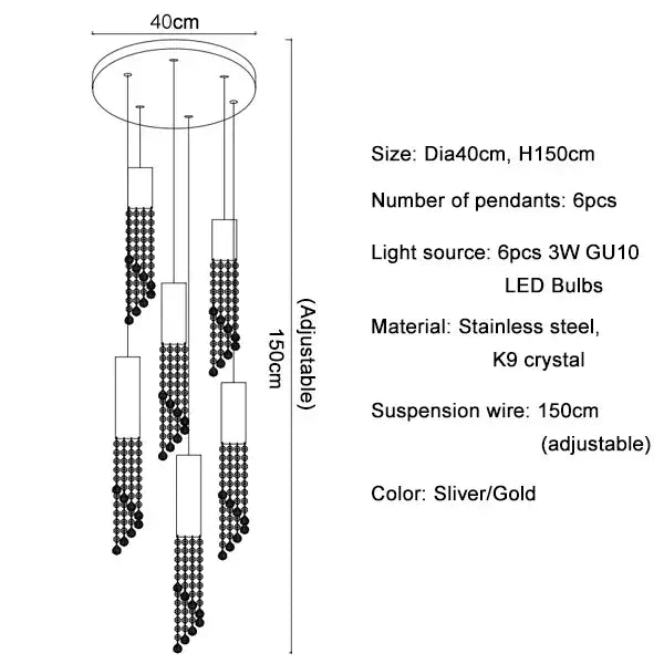 Modern cylindrical crystal staircase chandelier living room light