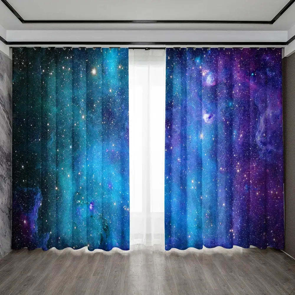 Modern dark blue forest city night view sheer curtains bedroom