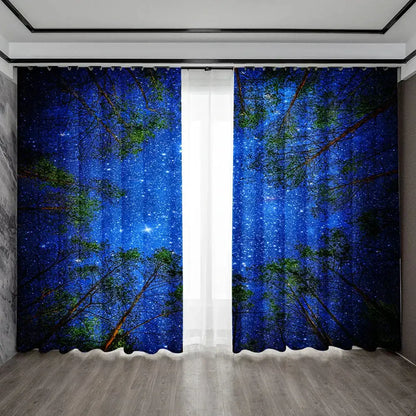 Modern dark blue forest city night view sheer curtains bedroom