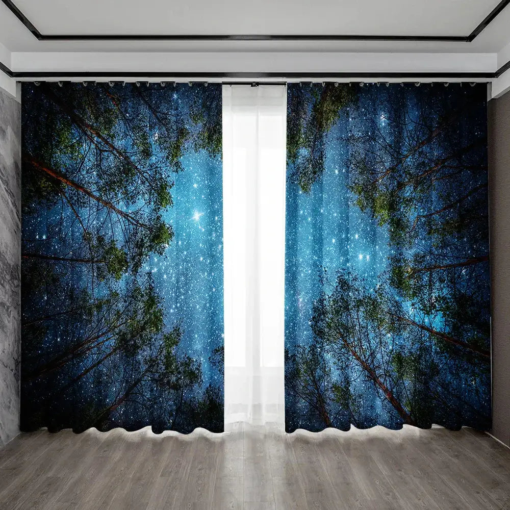 Modern dark blue forest city night view sheer curtains bedroom