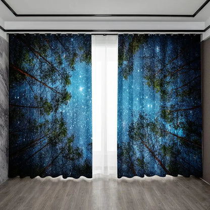 Modern dark blue forest city night view sheer curtains bedroom