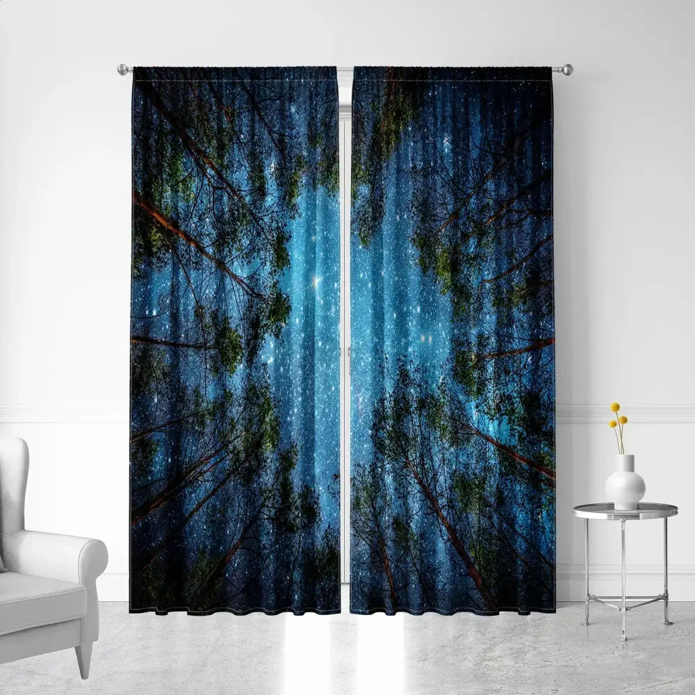 Modern dark blue forest city night view sheer curtains bedroom