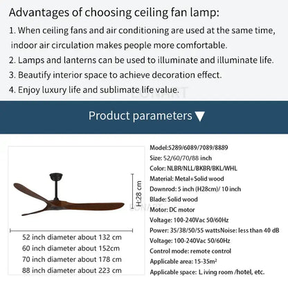 Modern dark brown solid wood dc ceiling fan living room