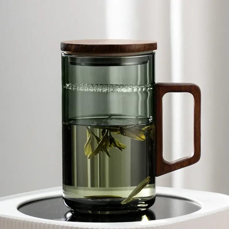 Modern dark green glass tea cup set with wooden handle dining room