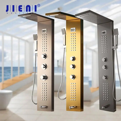 Modern dark grey shower column with massage system for bathroom