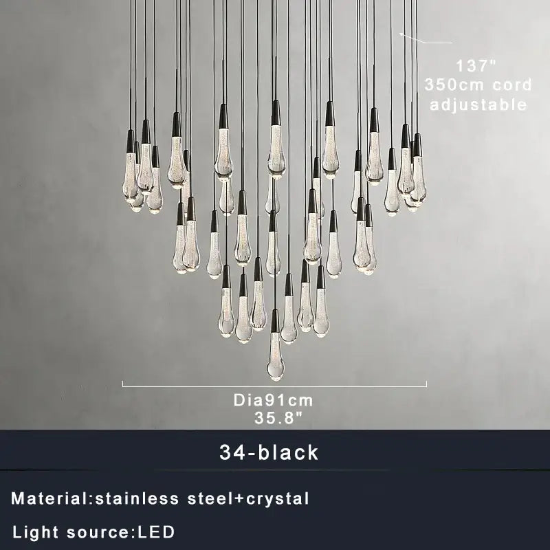 Modern dark metal crystal water-drop ceiling chandelier dining room