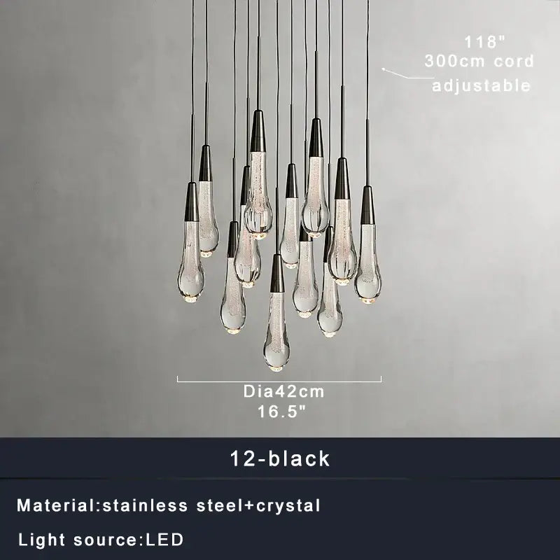 Modern dark metal crystal water-drop ceiling chandelier dining room