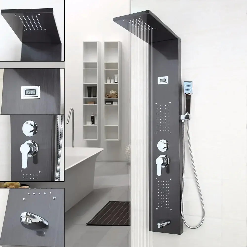 Modern dark nickel shower panel with massage system bathroom spa