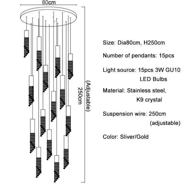 Modern crystal led chandelier staircase luxury light