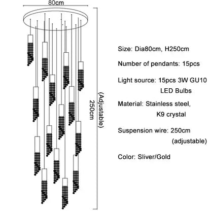 Modern crystal led chandelier staircase luxury light