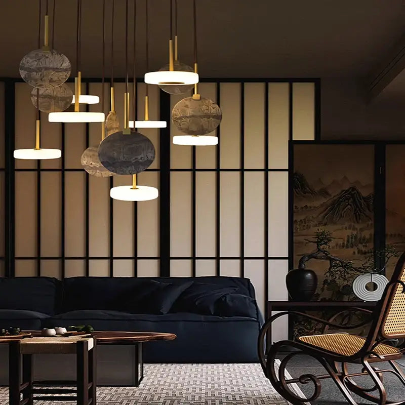 Modern deco wood and marble led chandelier dining room light