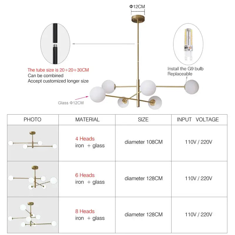 Modern glass brass chandelier for living room