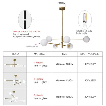 Modern glass brass chandelier for living room