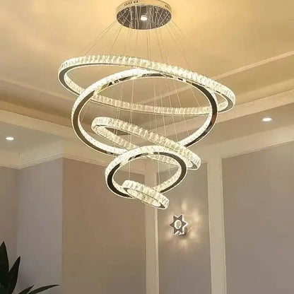 Modern gold rings crystal chandelier staircase pendant light