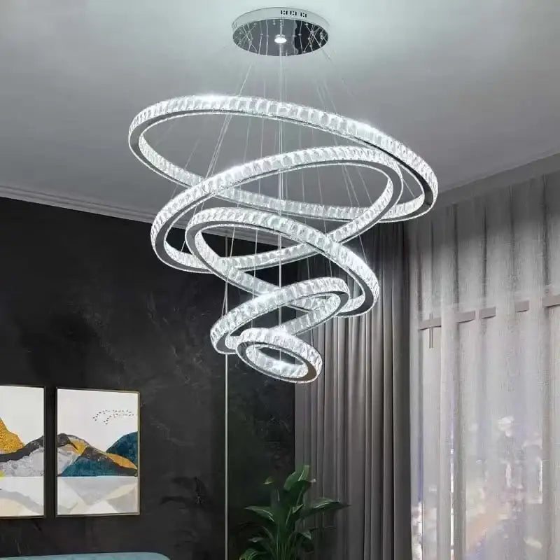 Modern gold rings crystal chandelier staircase pendant light