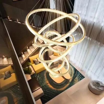 Modern gold rings crystal chandelier staircase pendant light